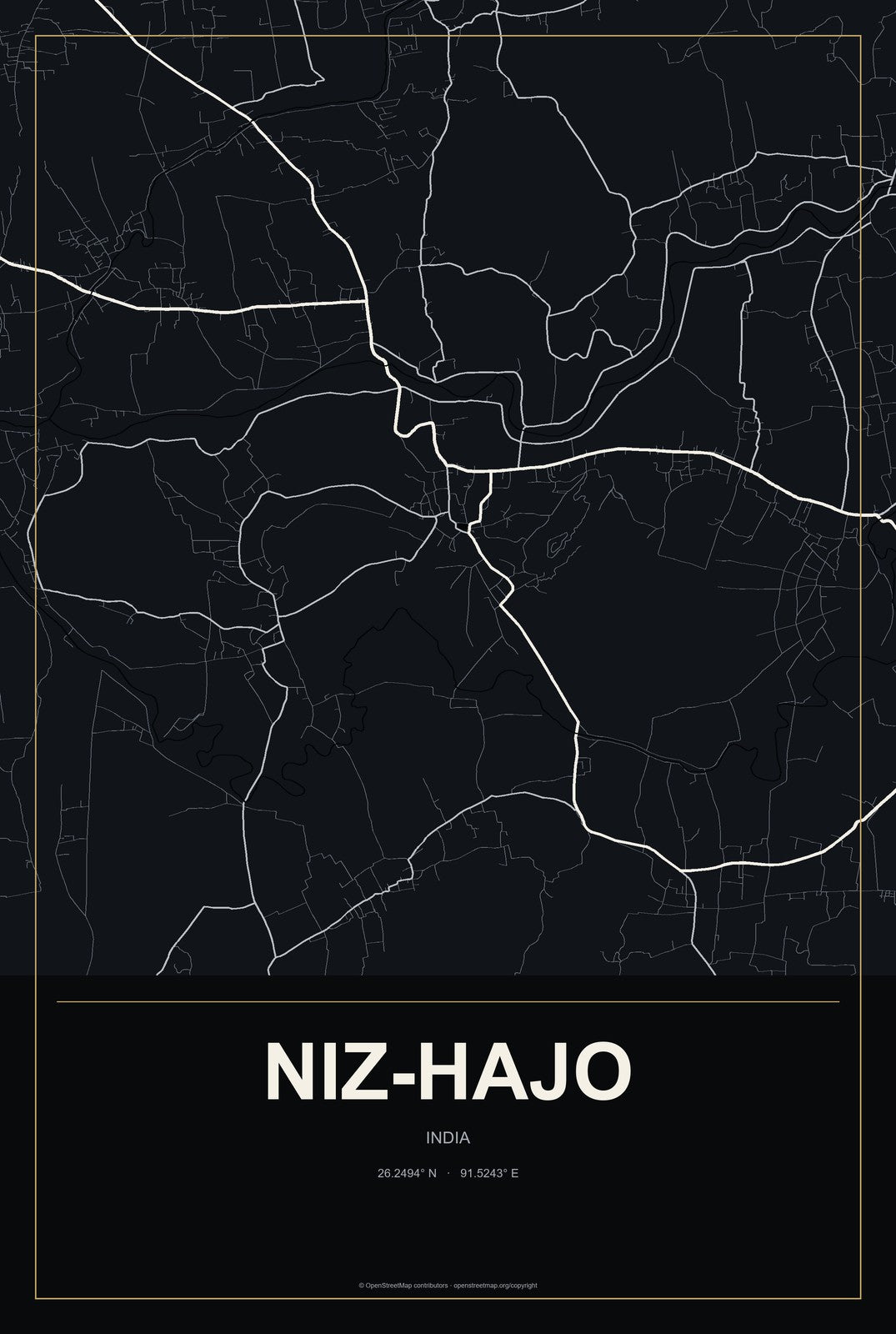 Niz-Hajo, India City Map Aluminum Sign in Metropolitan Noir style