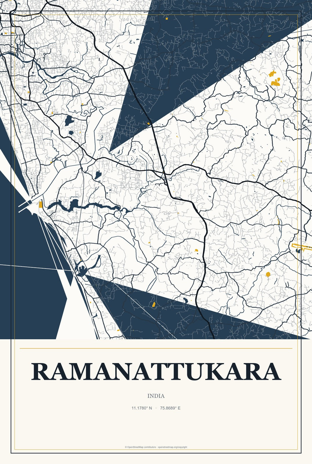 Ramanattukara, India City Map Aluminum Sign in Citrine Modern style