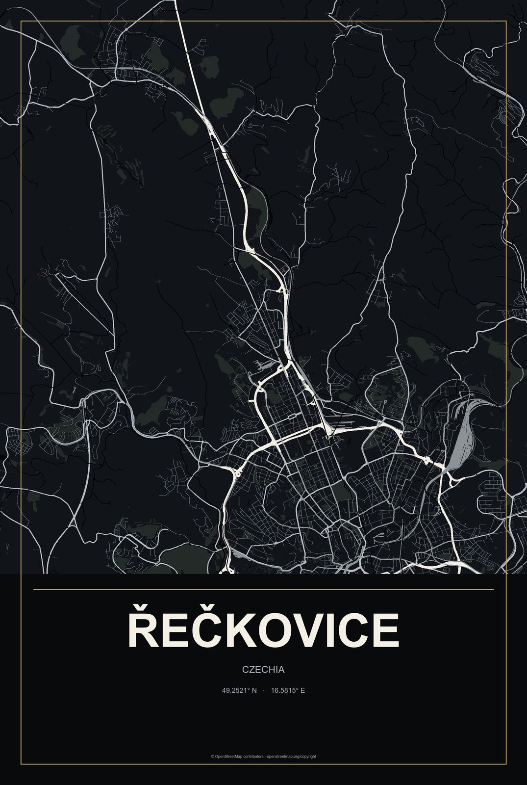Řečkovice, Czechia City Map Aluminum Sign in Metropolitan Noir style