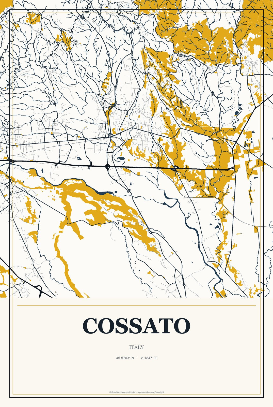 Cossato, Italy City Map Aluminum Sign in Citrine Modern style