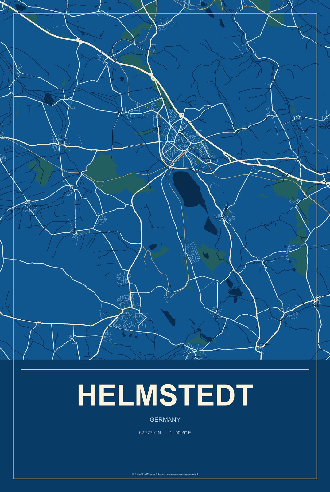 Helmstedt, Germany City Map Aluminum Sign in Harbor Cobalt style