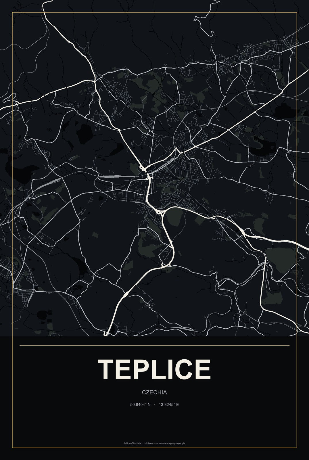 Teplice, Czechia City Map Aluminum Sign in Metropolitan Noir style