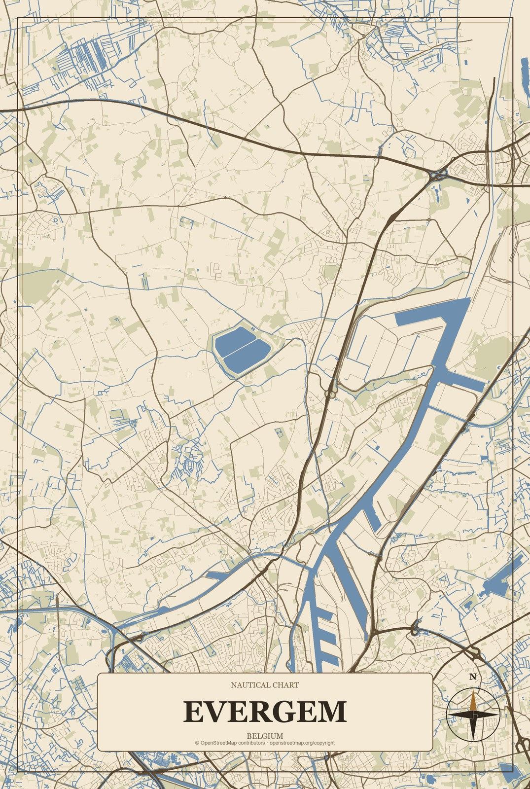 Evergem, Belgium City Map Aluminum Sign in Heritage Nautical style