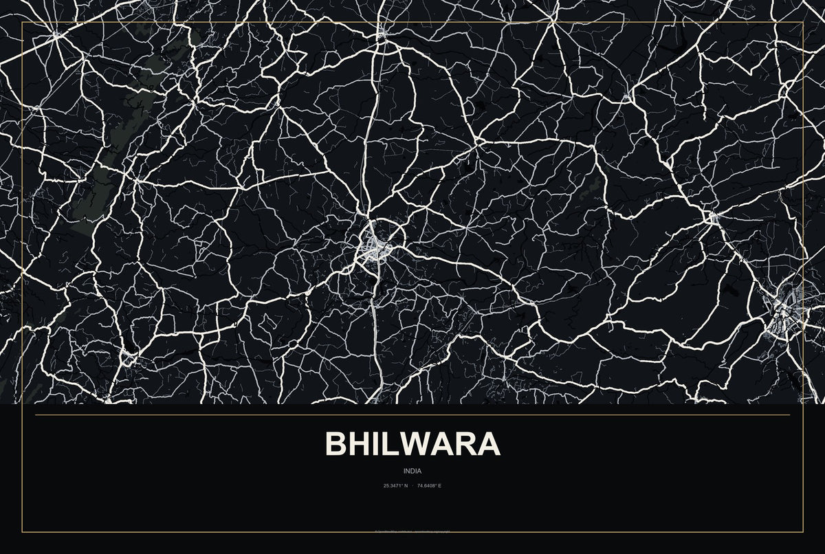 Bhilwara, India City Map Aluminum Sign in Metropolitan Noir style