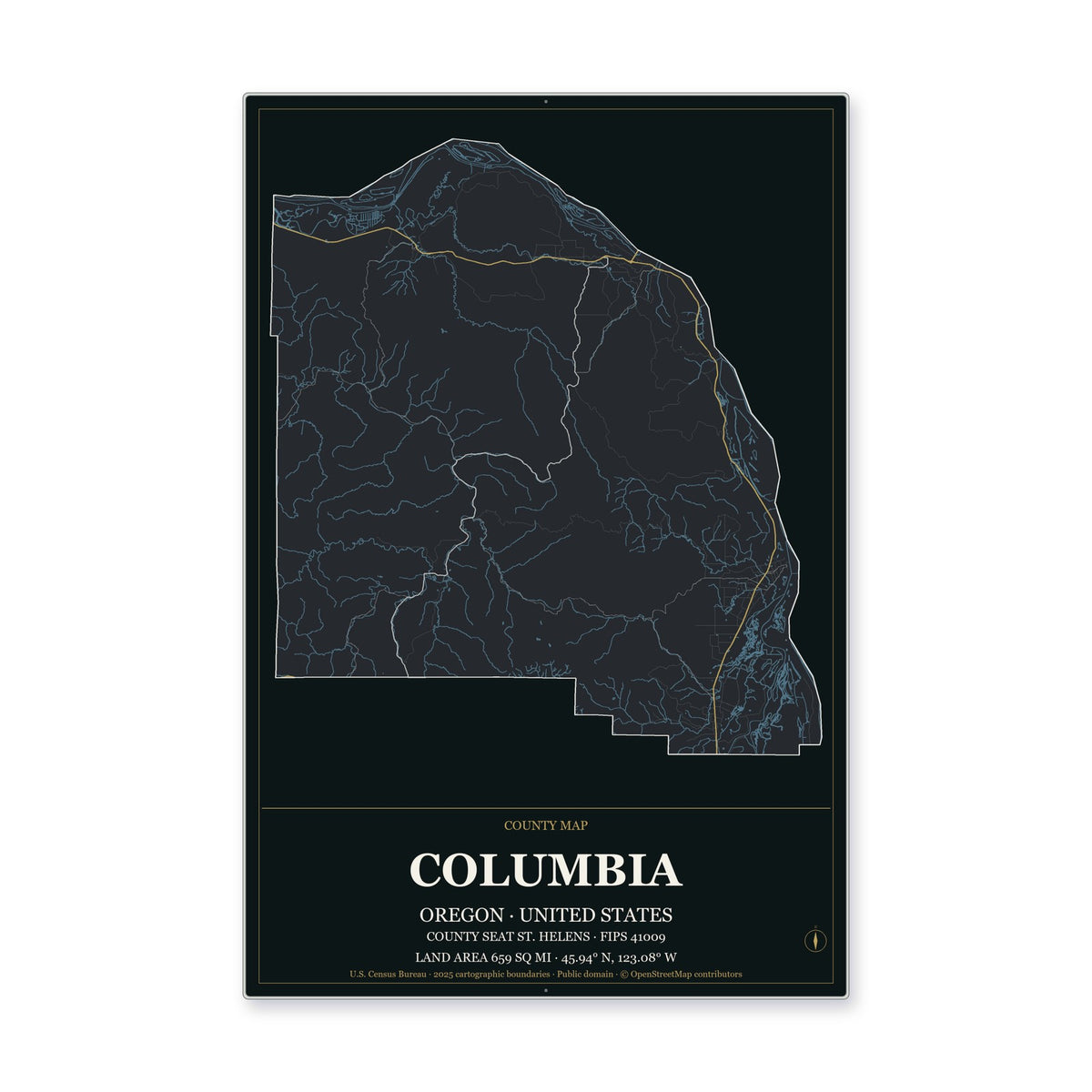 Columbia County, Oregon Map Aluminum Sign in Metropolitan Noir style