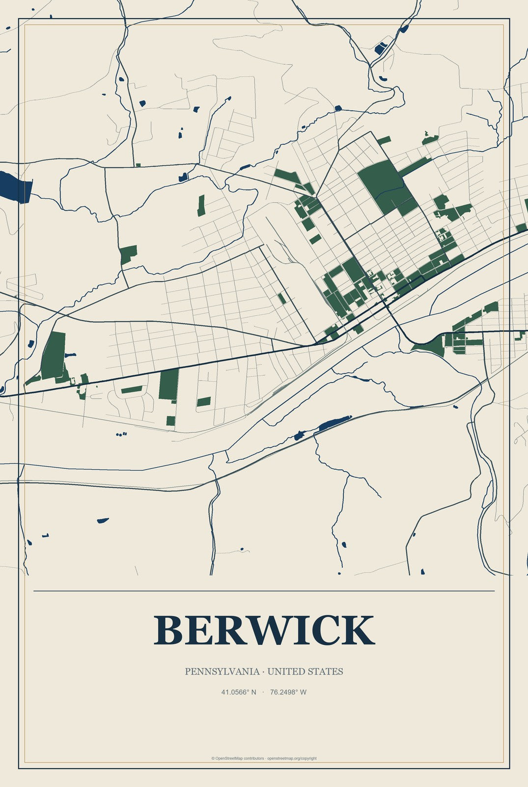 Berwick, Pennsylvania City Map Aluminum Sign in Coastal Cutout style