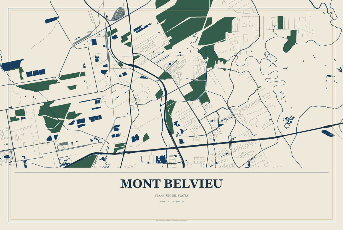Mont Belvieu, Texas City Map Aluminum Sign in Coastal Cutout style
