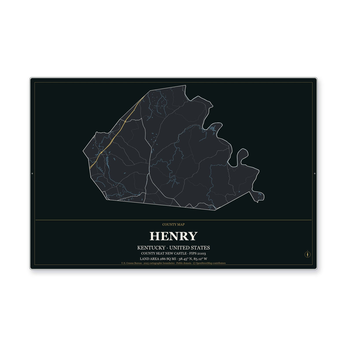 Henry County, Kentucky Map Aluminum Sign in Metropolitan Noir style