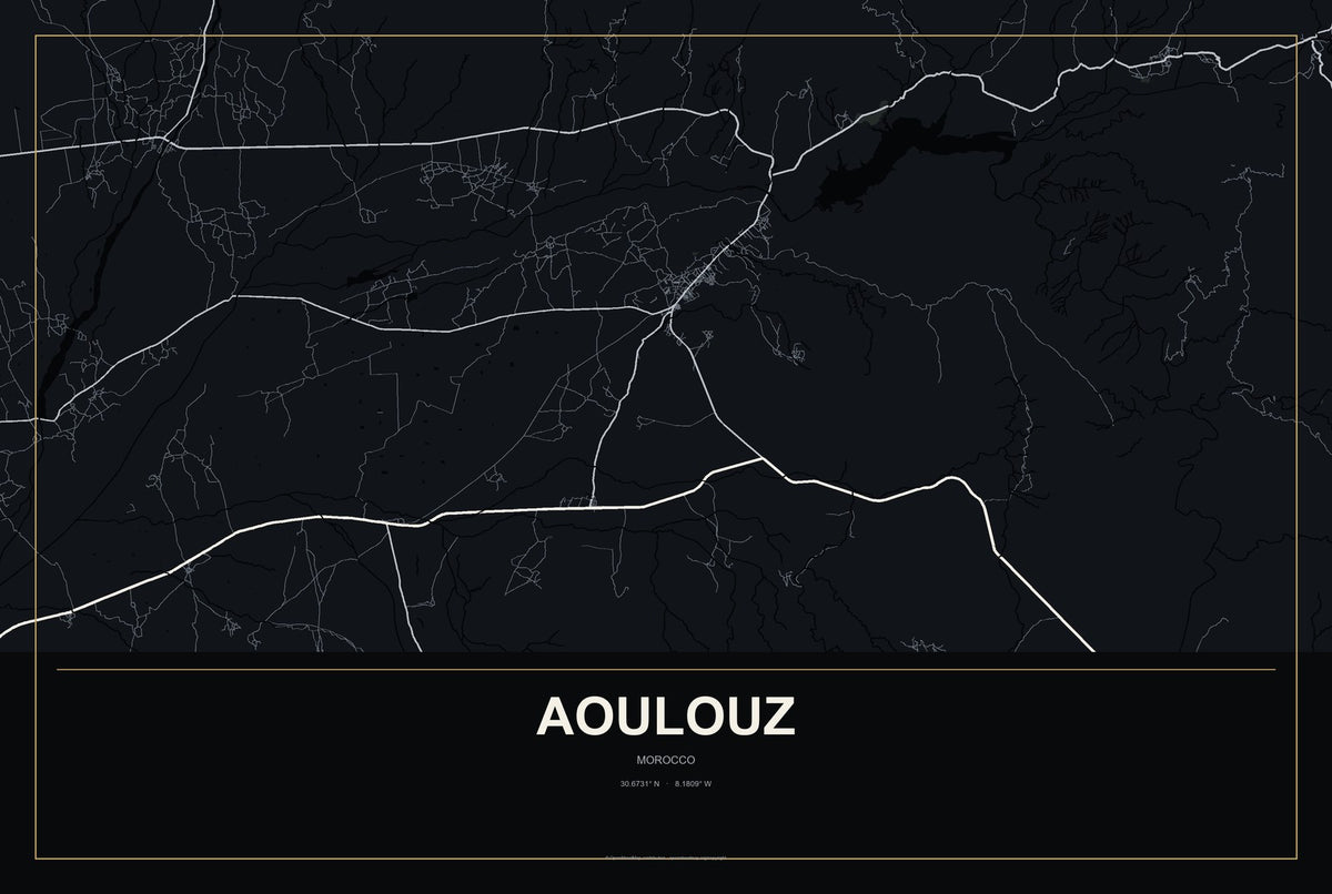Aoulouz, Morocco City Map Aluminum Sign in Metropolitan Noir style