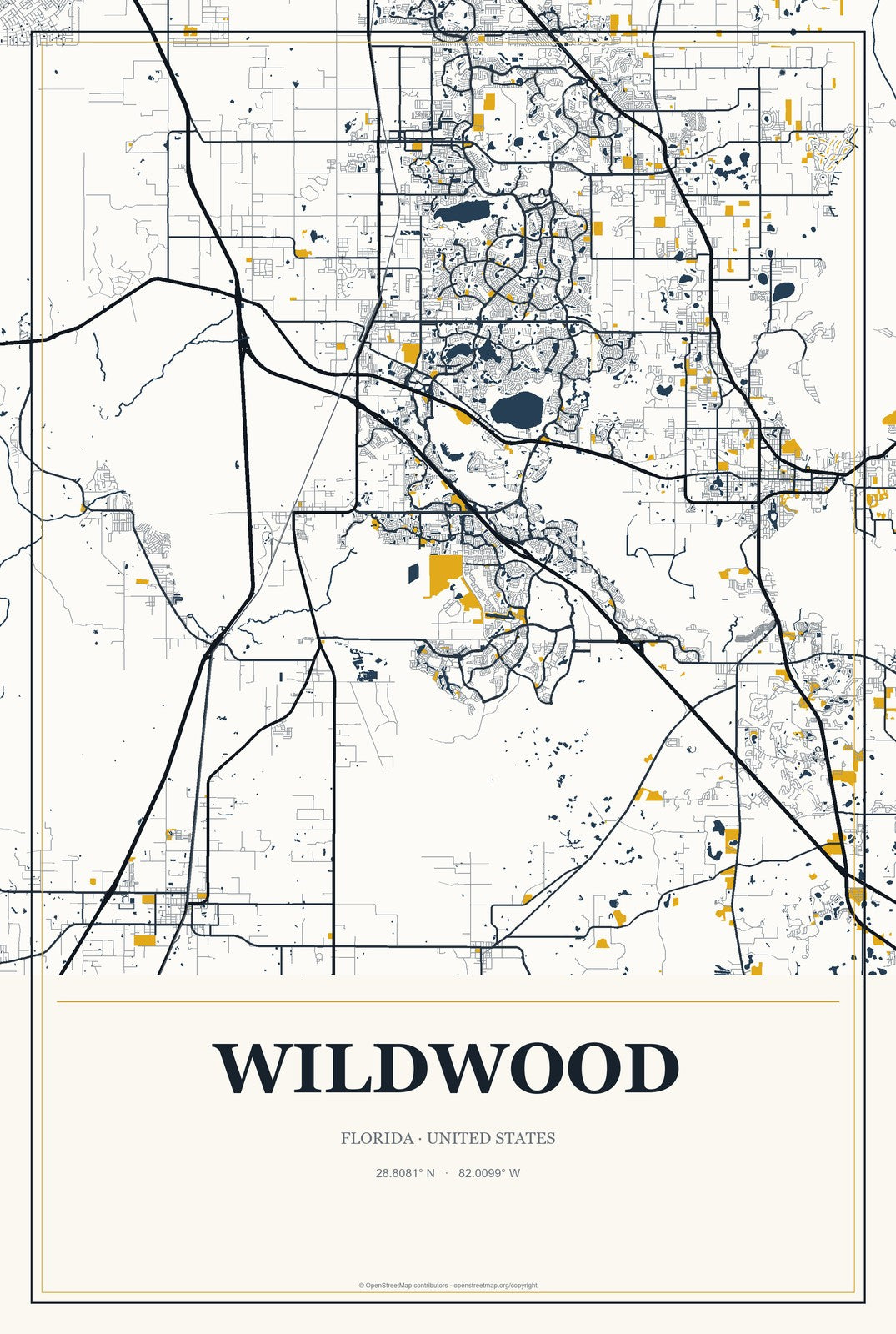 Wildwood, Florida City Map Aluminum Sign in Citrine Modern style