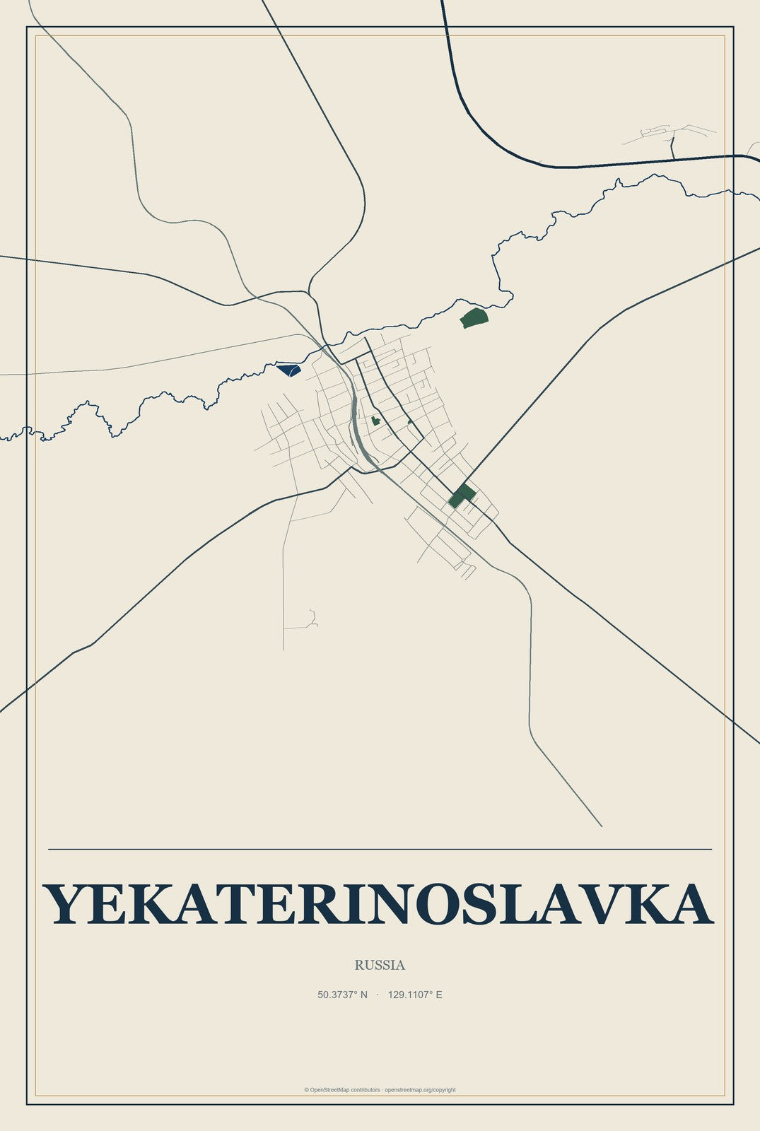 Yekaterinoslavka, Russia City Map Aluminum Sign in Coastal Cutout style