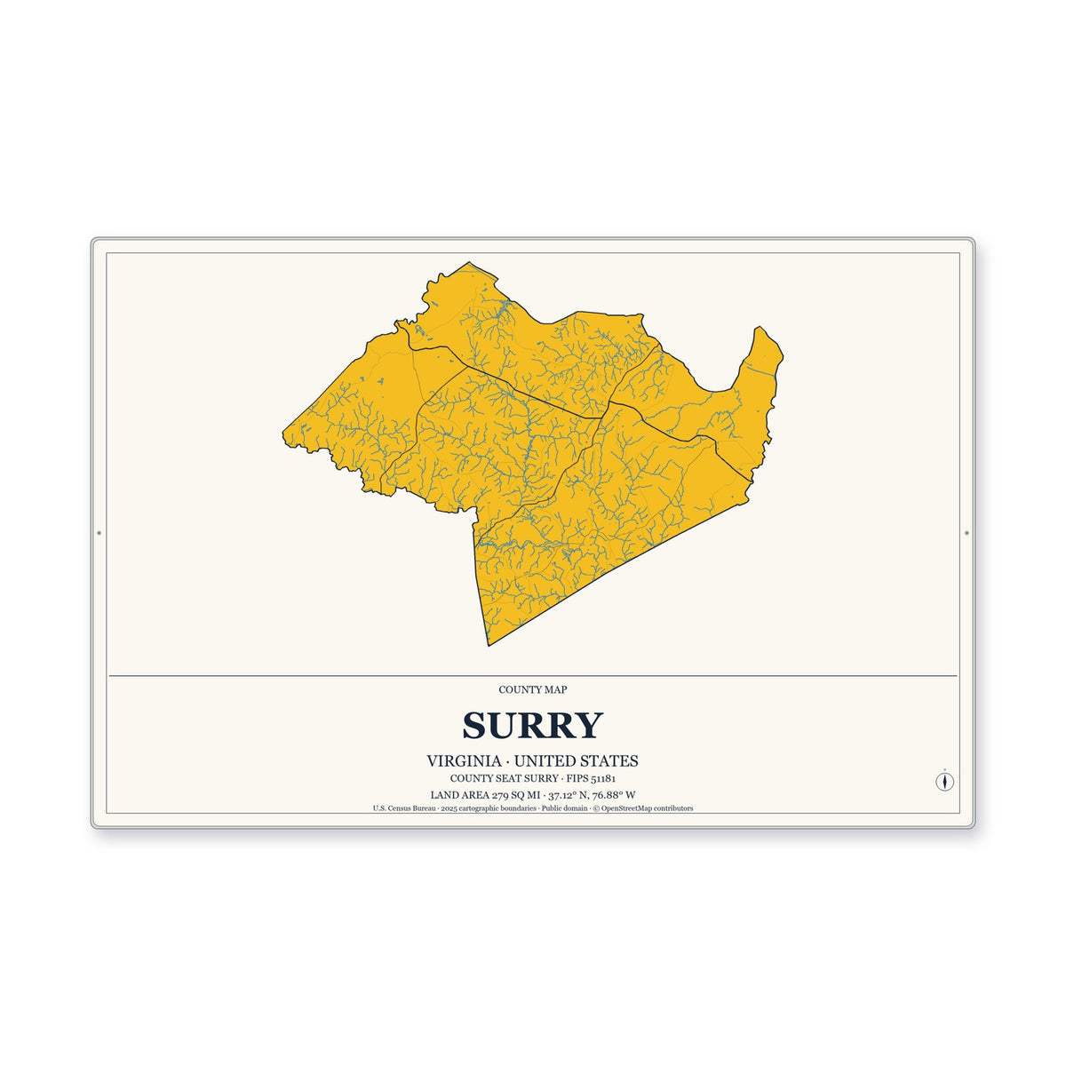 Surry County, Virginia Map Aluminum Sign in Citrine Modern style