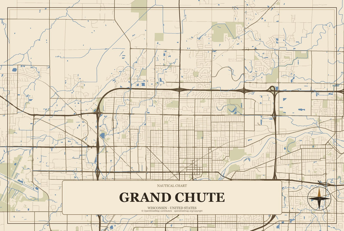 Grand Chute, Wisconsin City Map Aluminum Sign in Heritage Nautical style