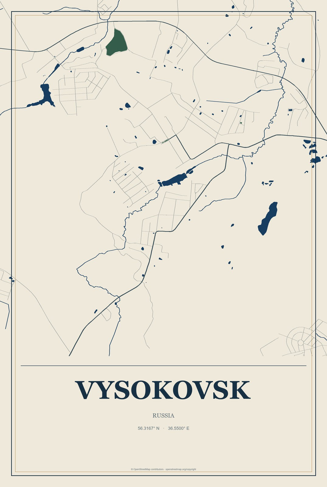 Vysokovsk, Russia City Map Aluminum Sign in Coastal Cutout style