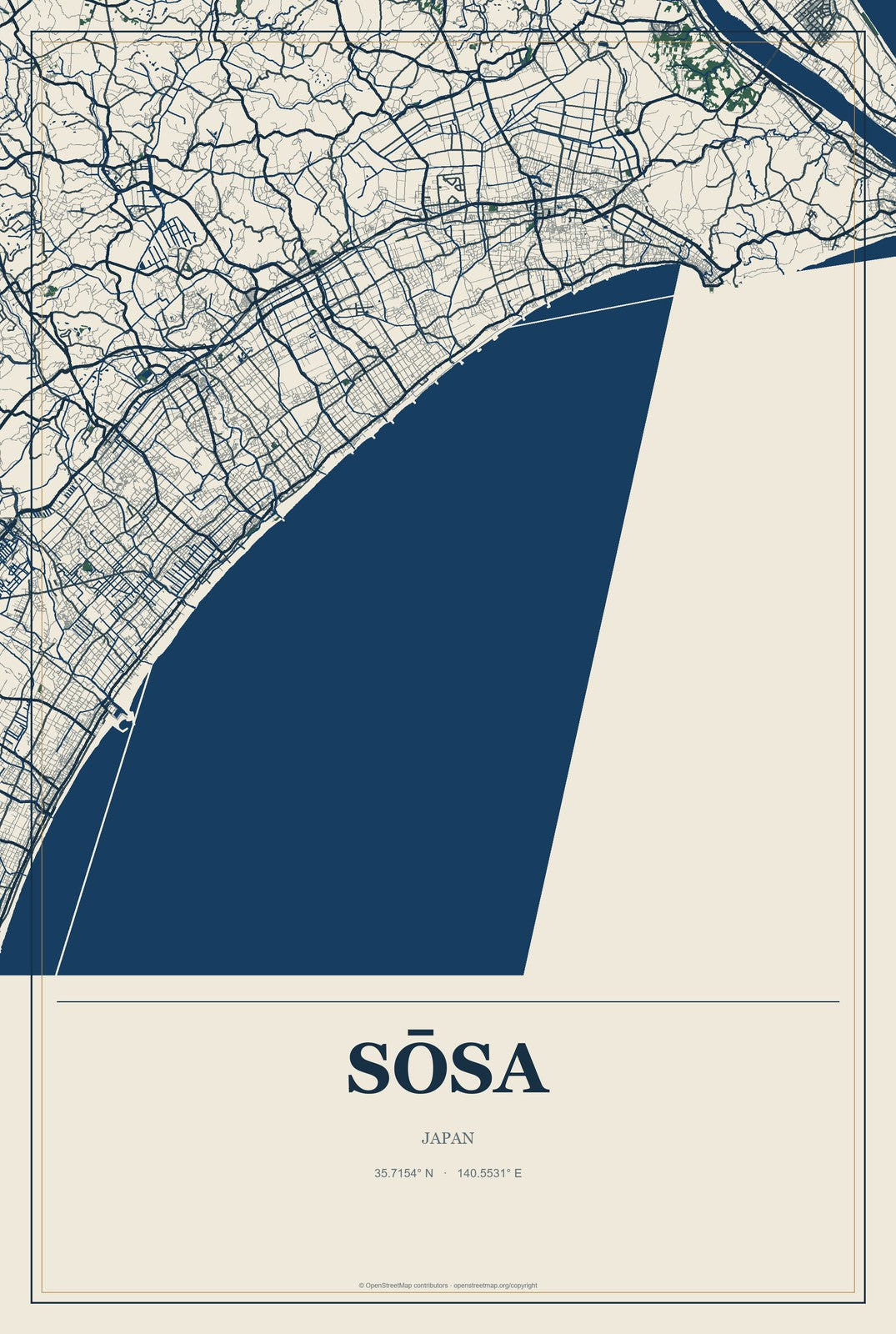Sōsa, Japan City Map Aluminum Sign in Coastal Cutout style