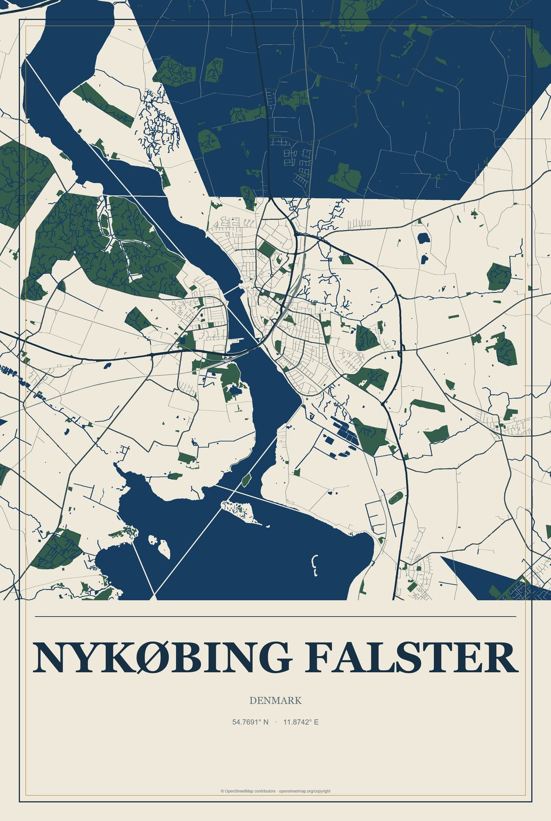 Nykøbing Falster, Denmark City Map Aluminum Sign in Coastal Cutout style
