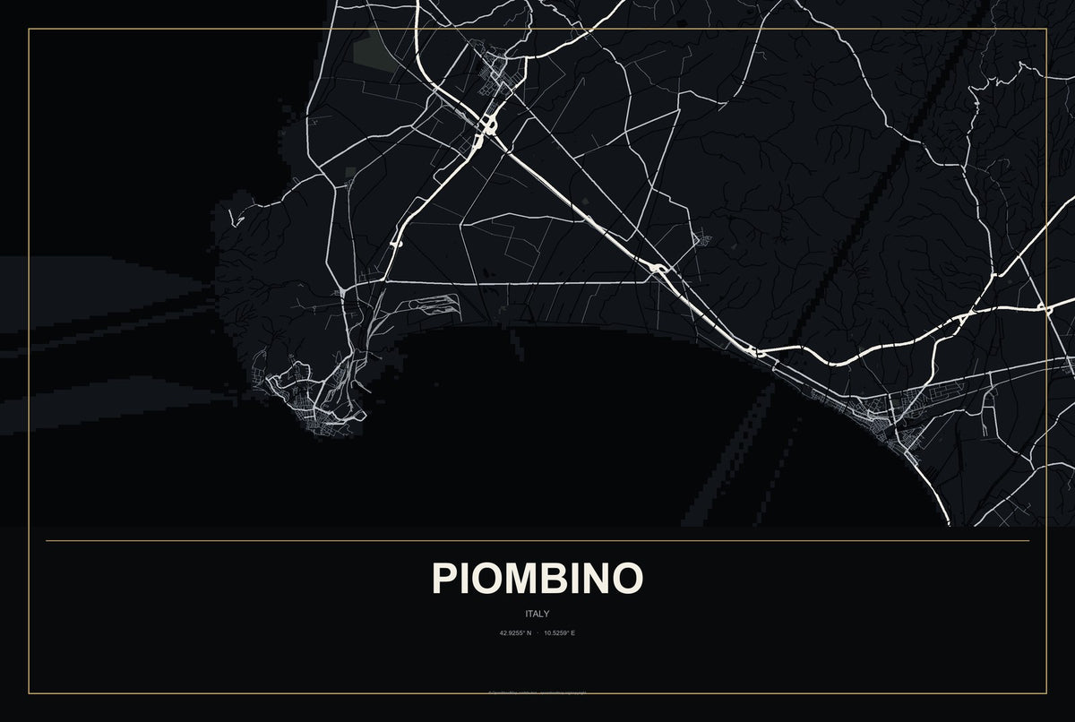 Piombino, Italy City Map Aluminum Sign in Metropolitan Noir style