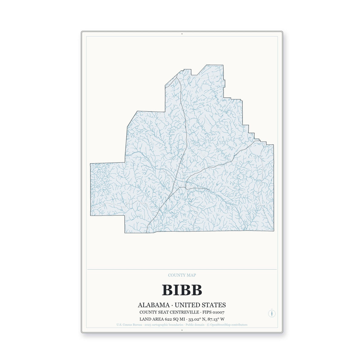 Bibb County, Alabama Map Aluminum Sign in Gallery Air style