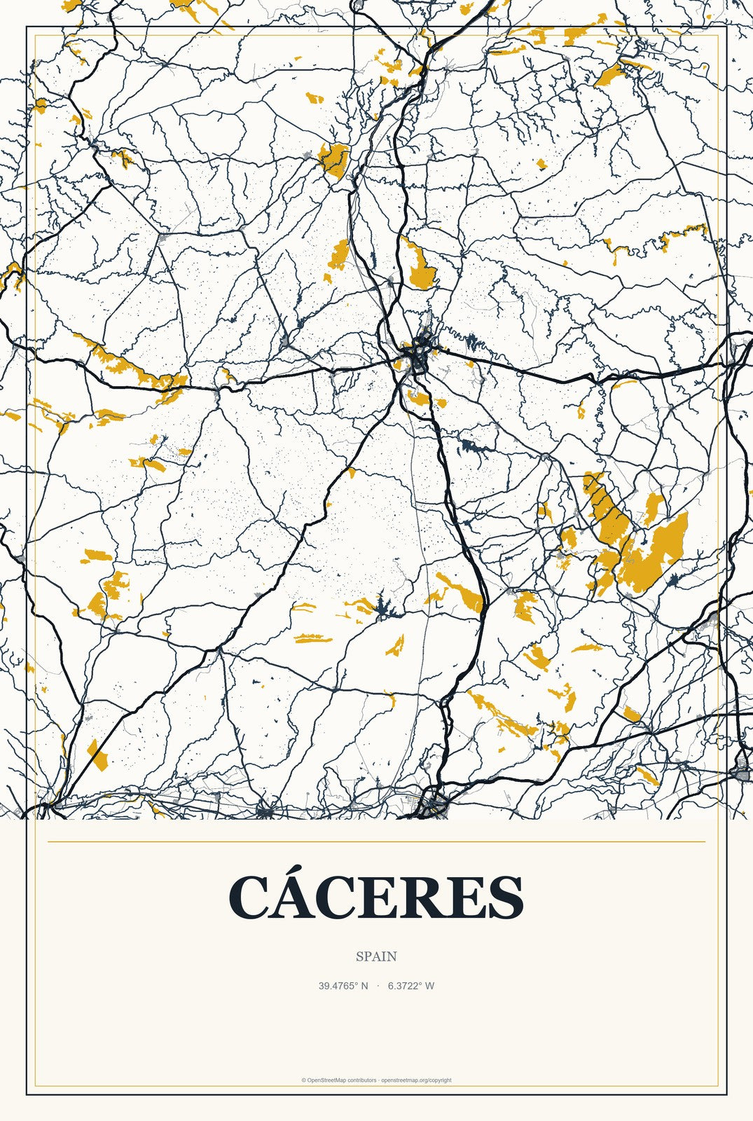 Cáceres, Spain City Map Aluminum Sign in Citrine Modern style