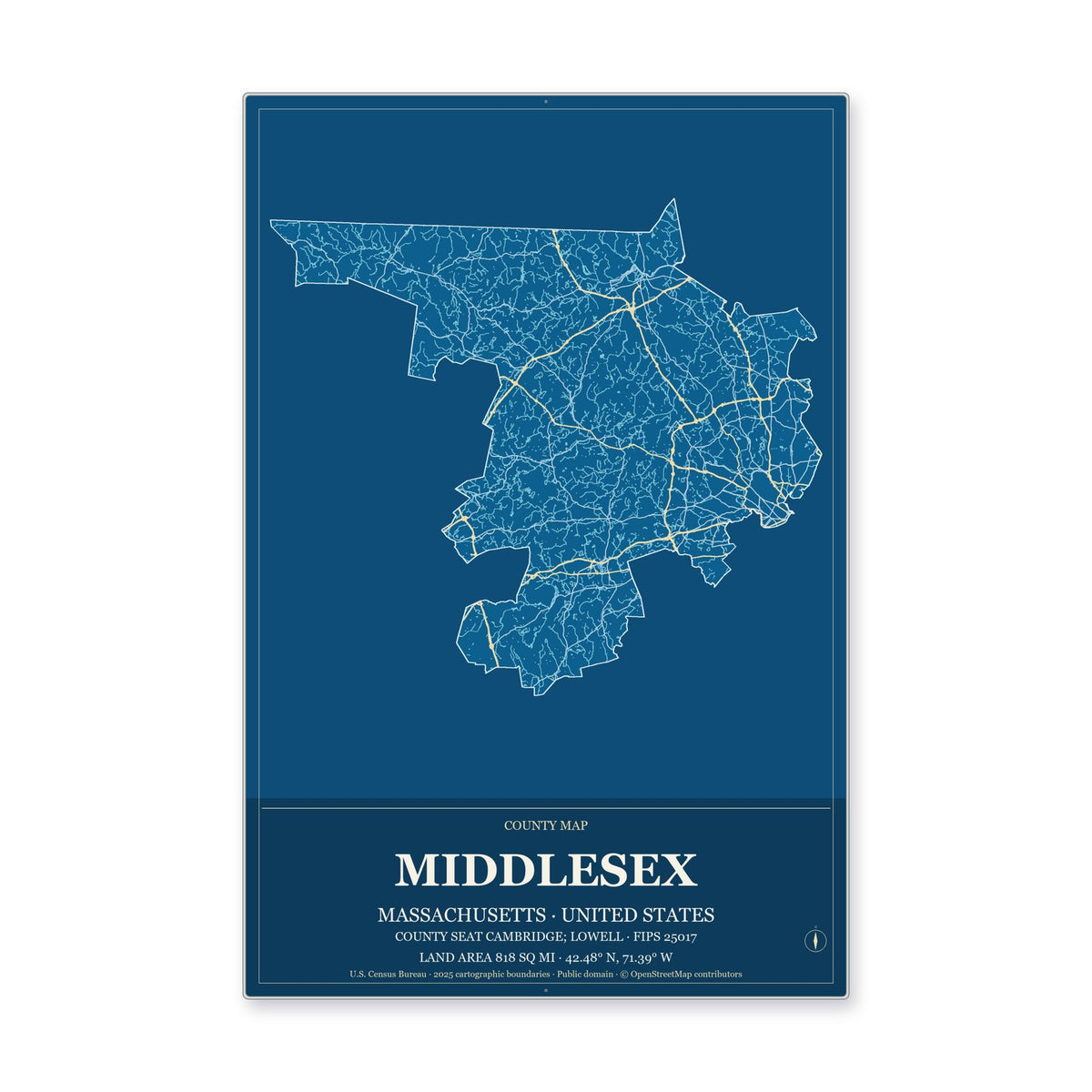 Middlesex County, Massachusetts Map Aluminum Sign in Harbor Cobalt style