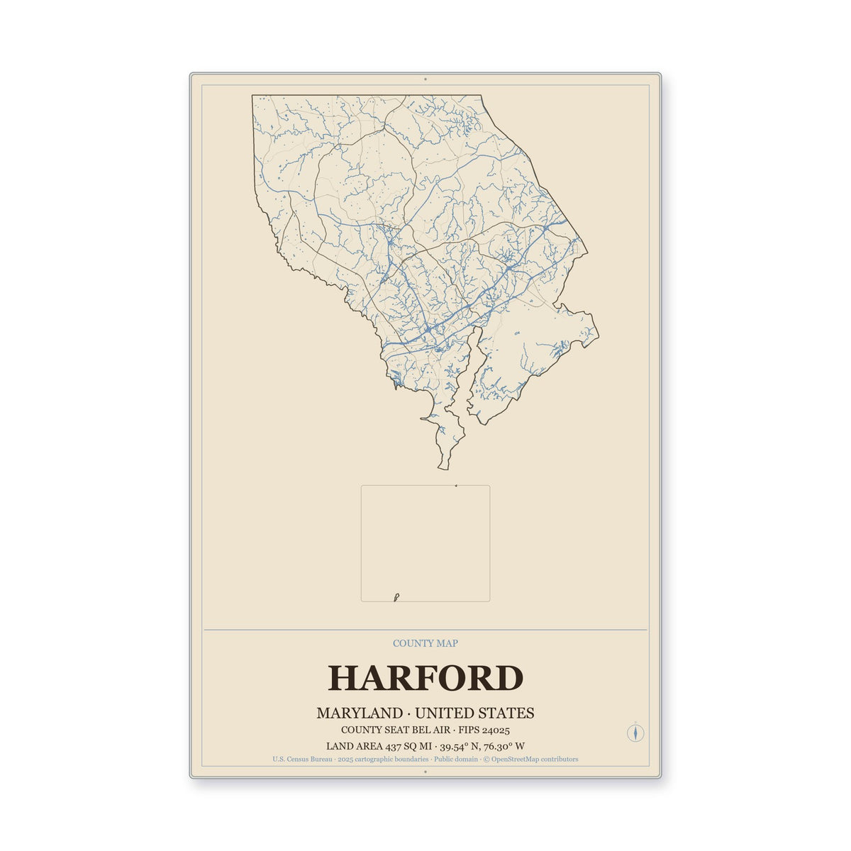 Harford County, Maryland Map Aluminum Sign in Heritage Nautical style