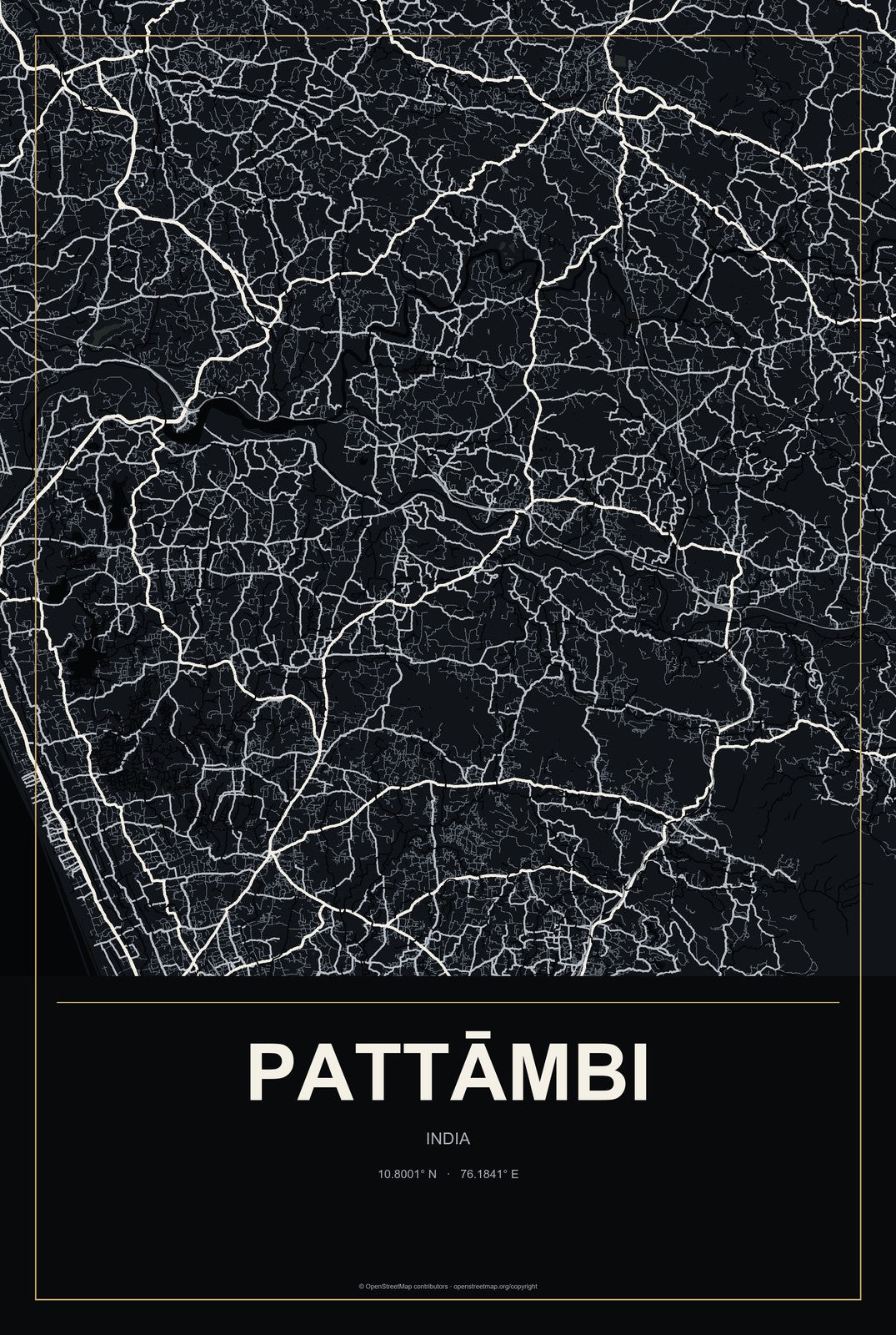 Pattāmbi, India City Map Aluminum Sign in Metropolitan Noir style