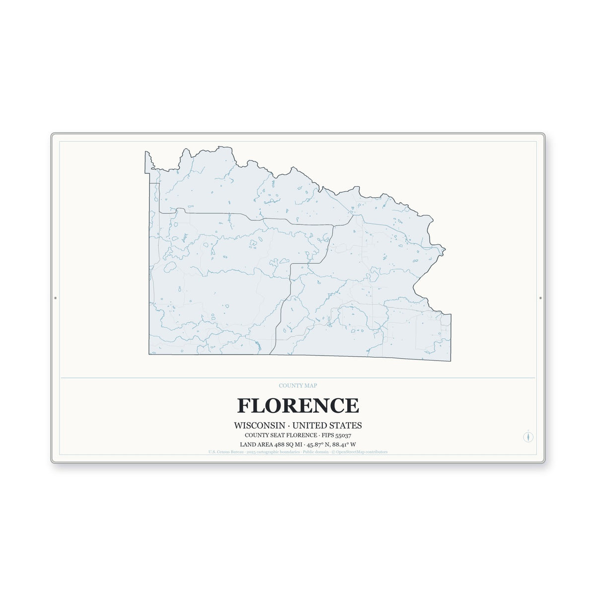 Florence County, Wisconsin Map Aluminum Sign in Gallery Air style