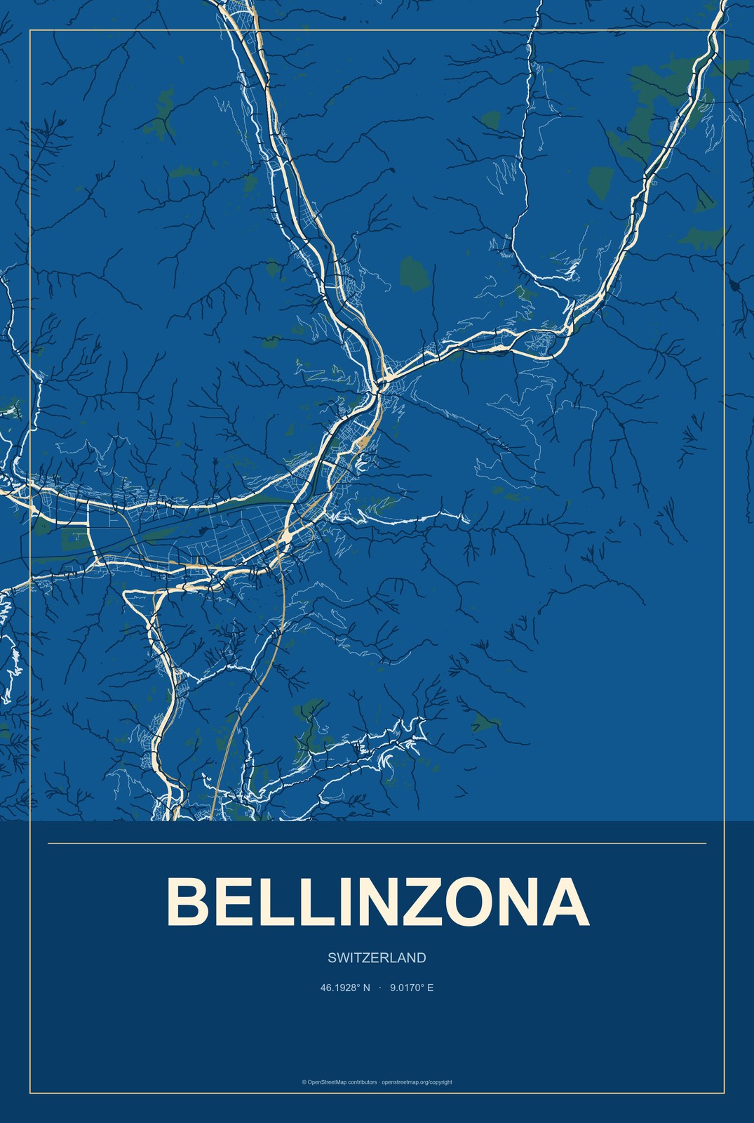 Bellinzona, Switzerland City Map Aluminum Sign in Harbor Cobalt style