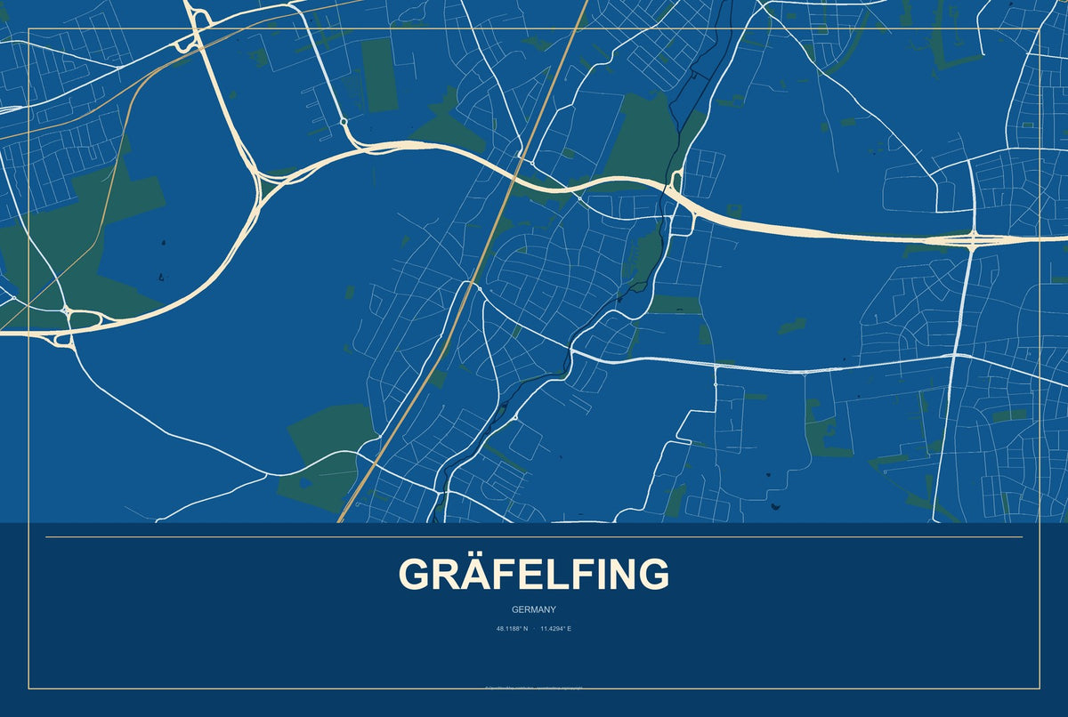 Gräfelfing, Germany City Map Aluminum Sign in Harbor Cobalt style