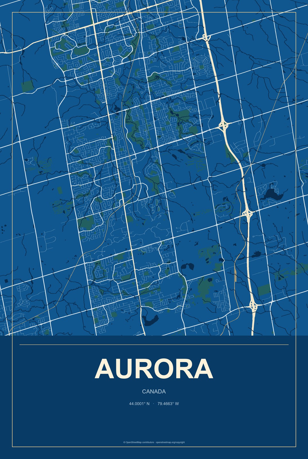 Aurora, Canada City Map Aluminum Sign in Harbor Cobalt style