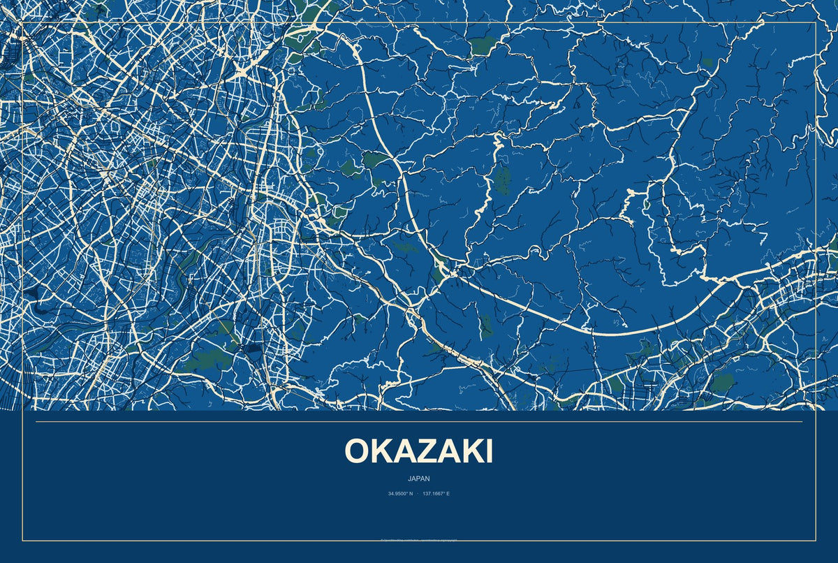 Okazaki, Japan City Map Aluminum Sign in Harbor Cobalt style
