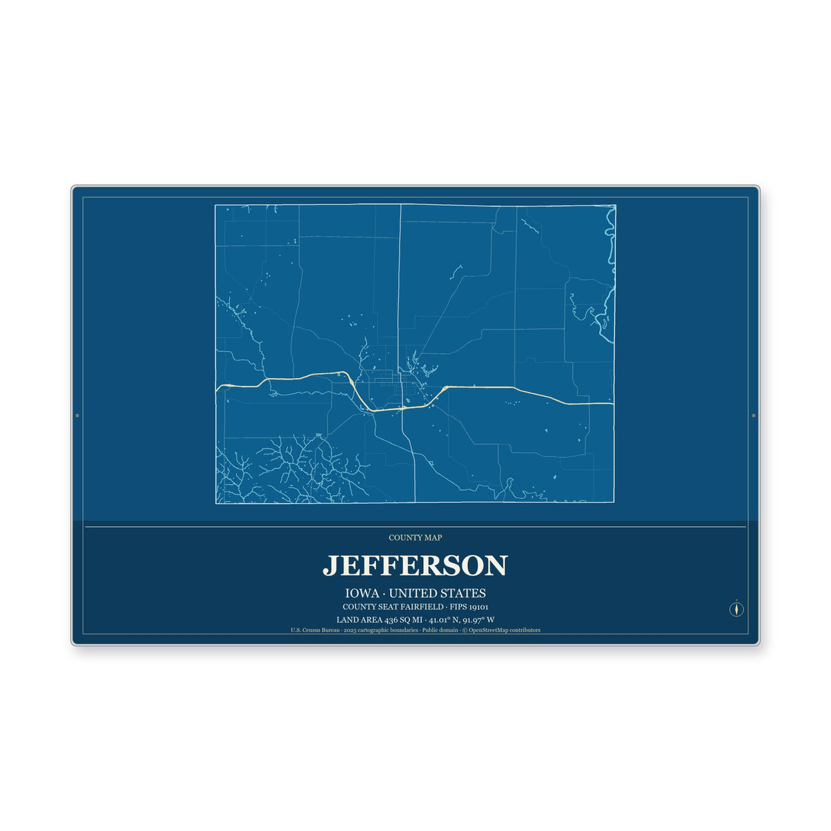 Jefferson County, Iowa Map Aluminum Sign in Harbor Cobalt style