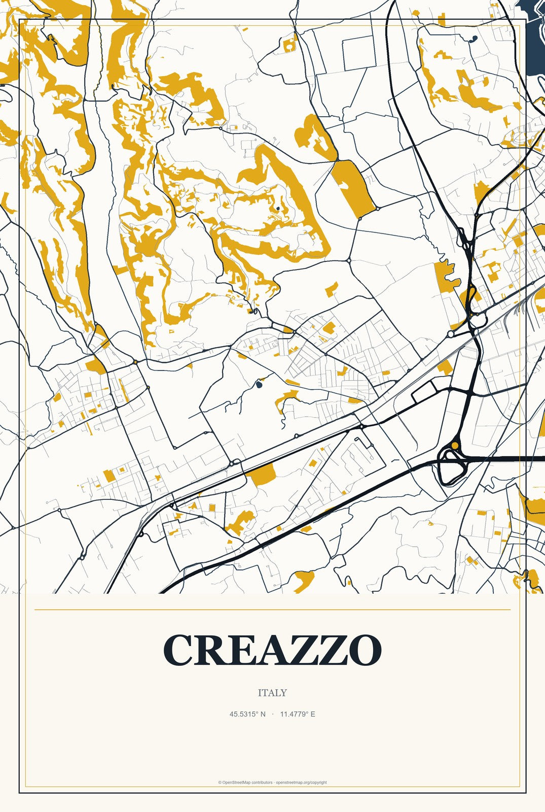 Creazzo, Italy City Map Aluminum Sign in Citrine Modern style