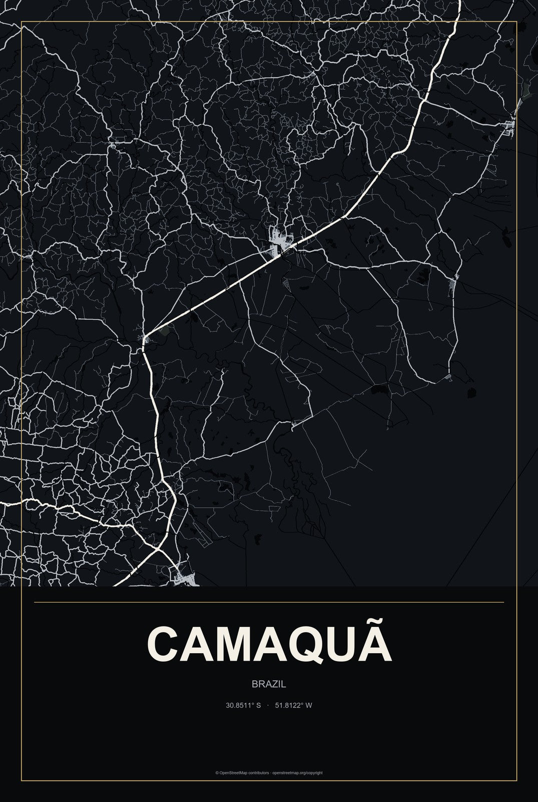 Camaquã, Brazil City Map Aluminum Sign in Metropolitan Noir style