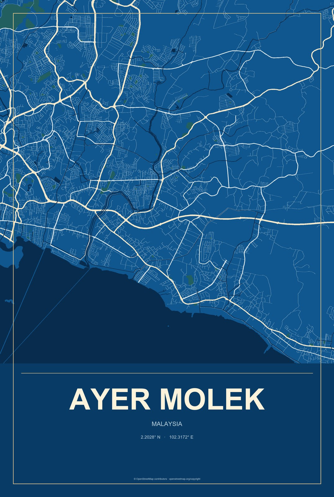 Ayer Molek, Malaysia City Map Aluminum Sign in Harbor Cobalt style