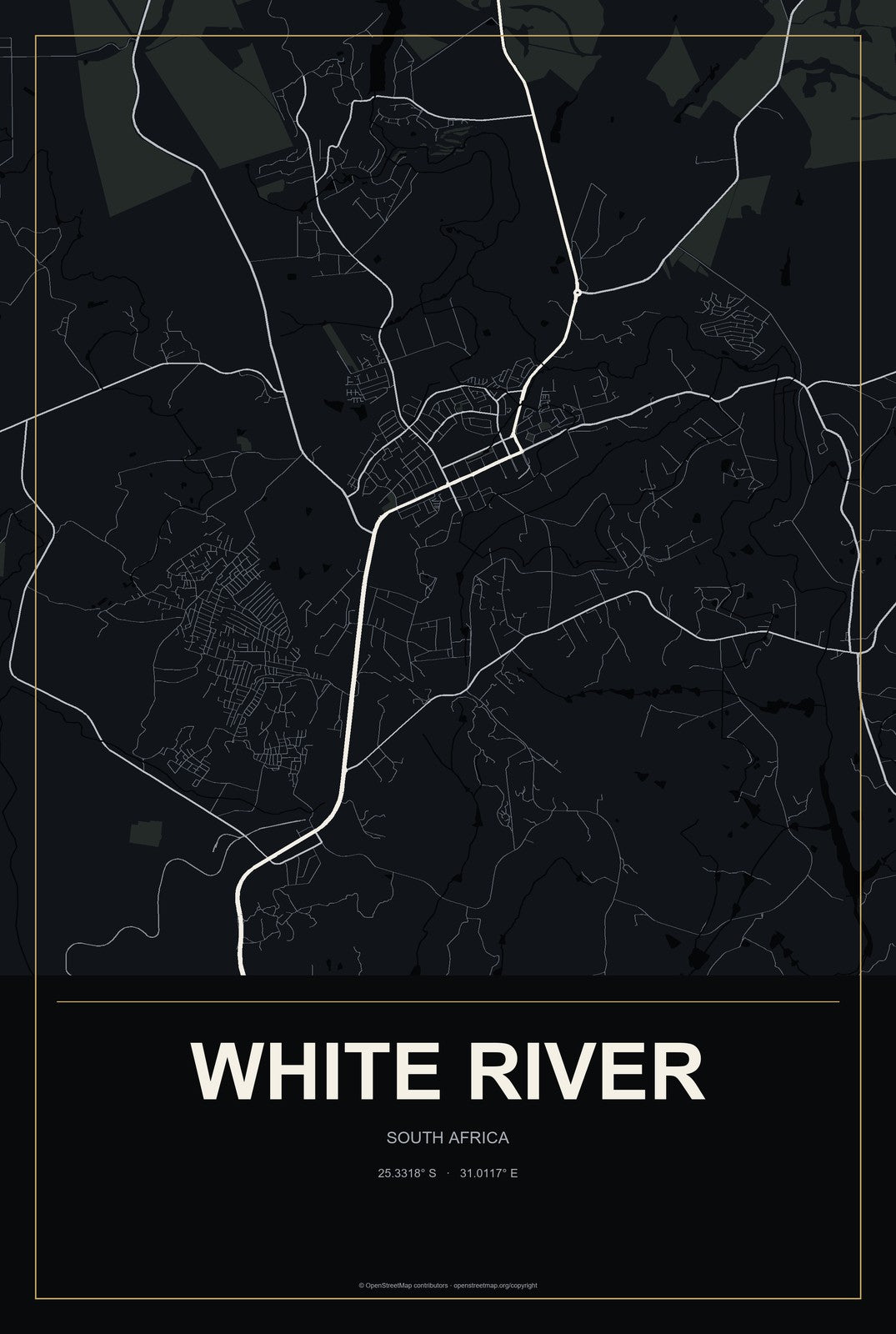 White River, South Africa City Map Aluminum Sign in Metropolitan Noir style