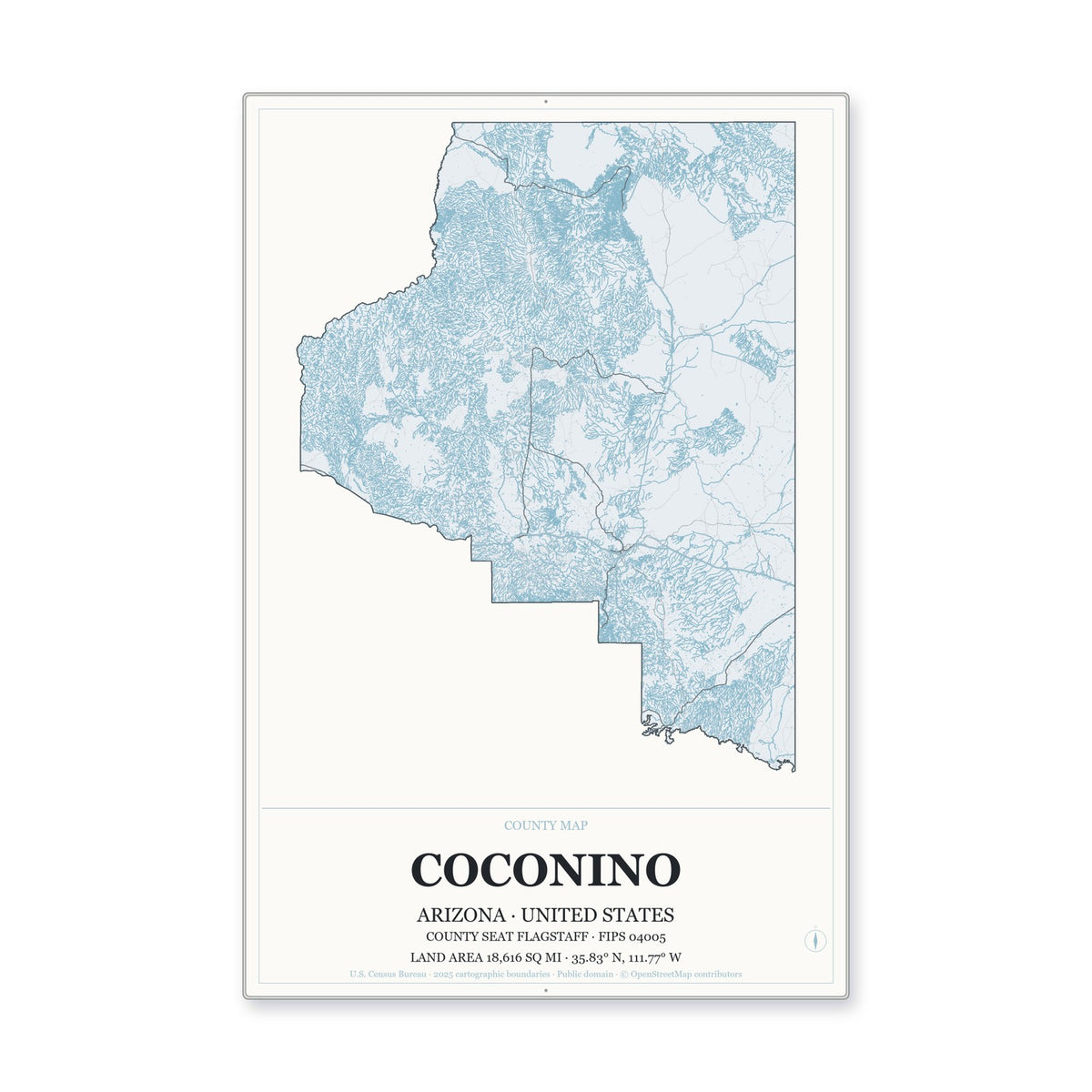 Coconino County, Arizona Map Aluminum Sign in Gallery Air style