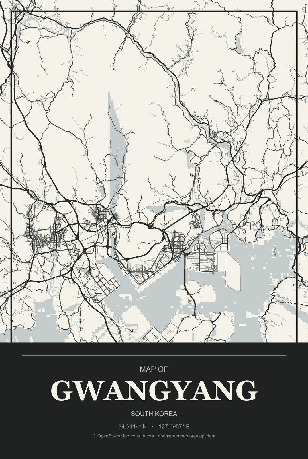 Gwangyang, South Korea City Map Aluminum Sign in Museum Plaque style