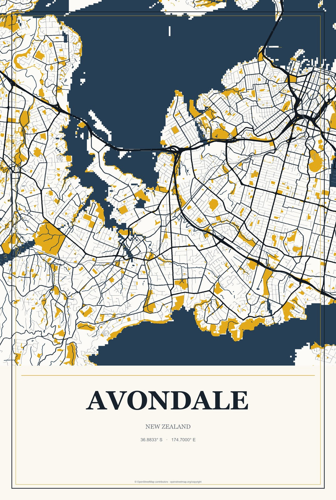Avondale, New Zealand City Map Aluminum Sign in Citrine Modern style