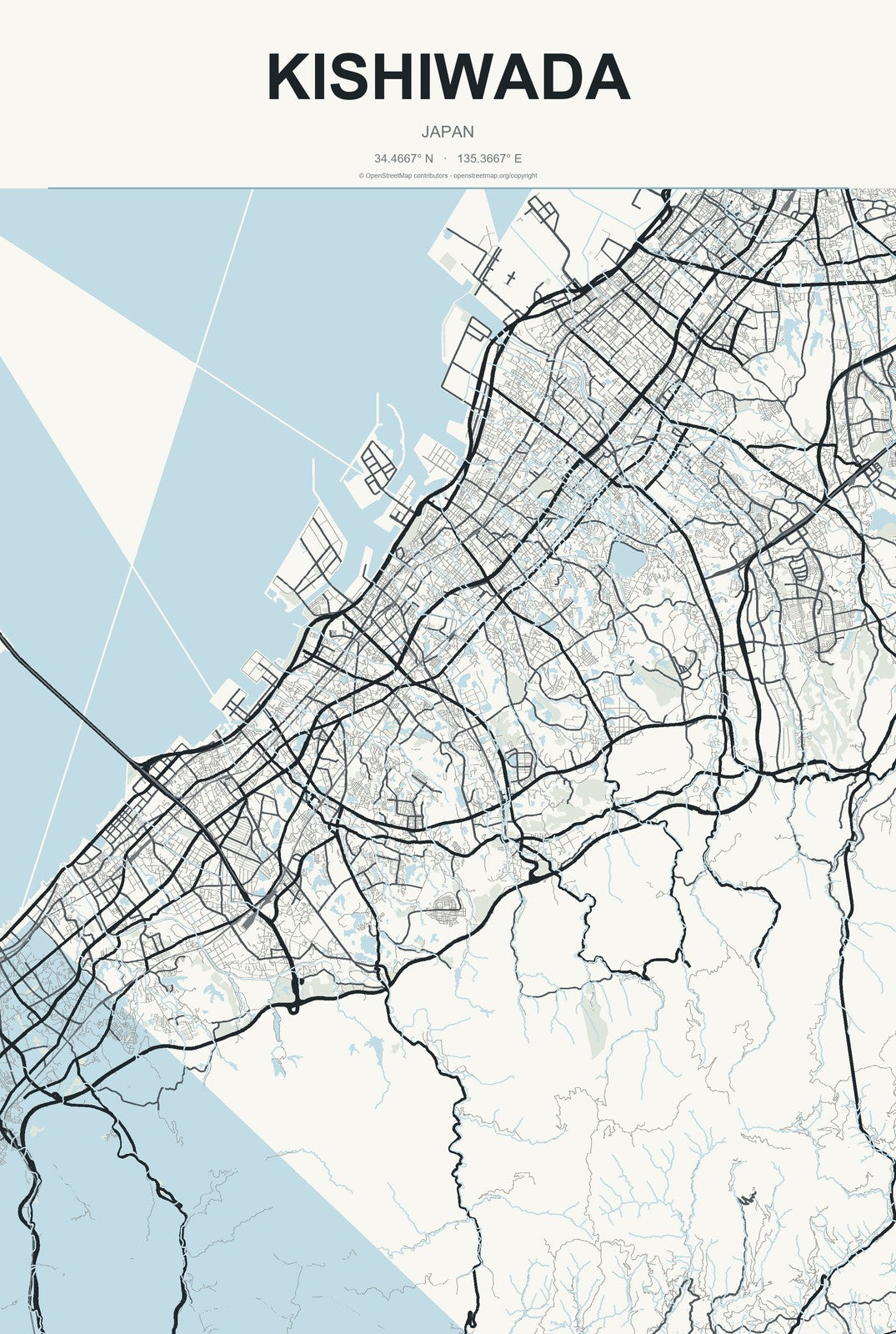 Kishiwada, Japan City Map Aluminum Sign in Headline Atlas style