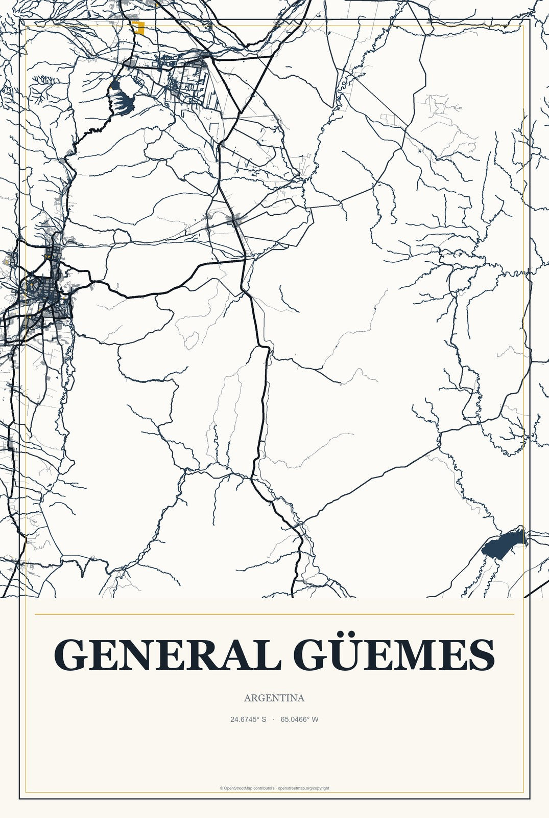 General Güemes, Argentina City Map Aluminum Sign in Citrine Modern style