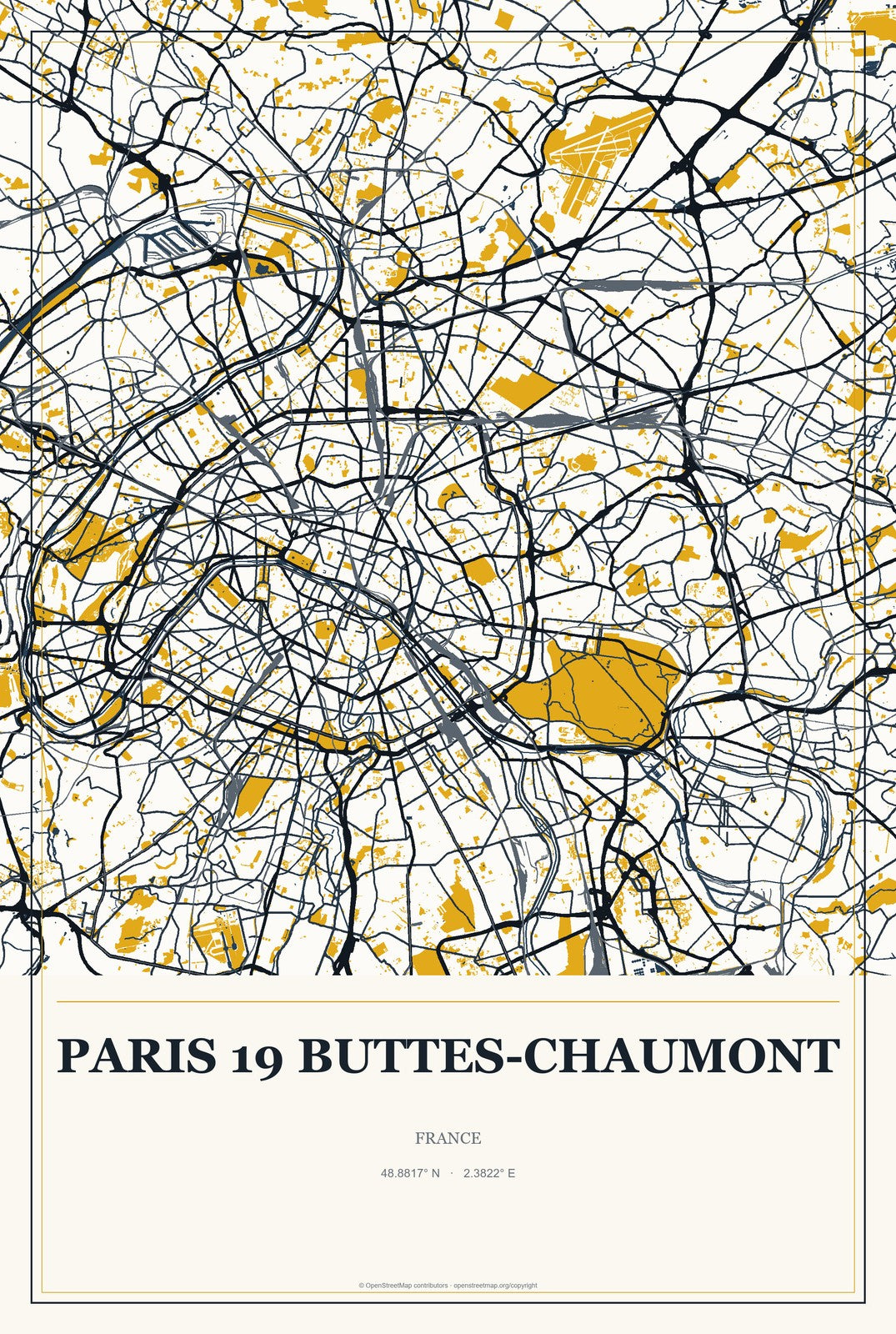 Paris 19 Buttes-Chaumont, France City Map Aluminum Sign in Citrine Modern style