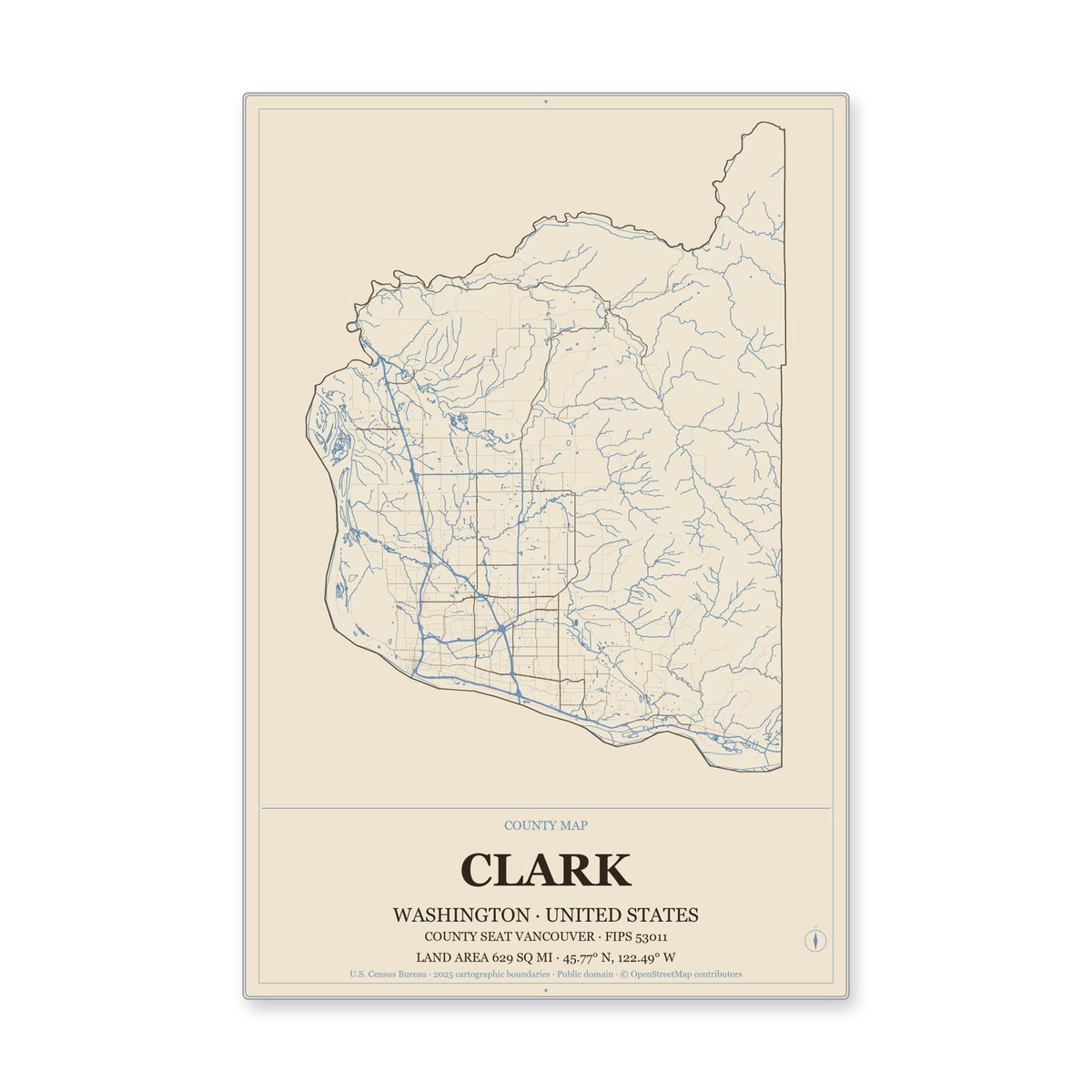 Clark County, Washington Map Aluminum Sign in Heritage Nautical style