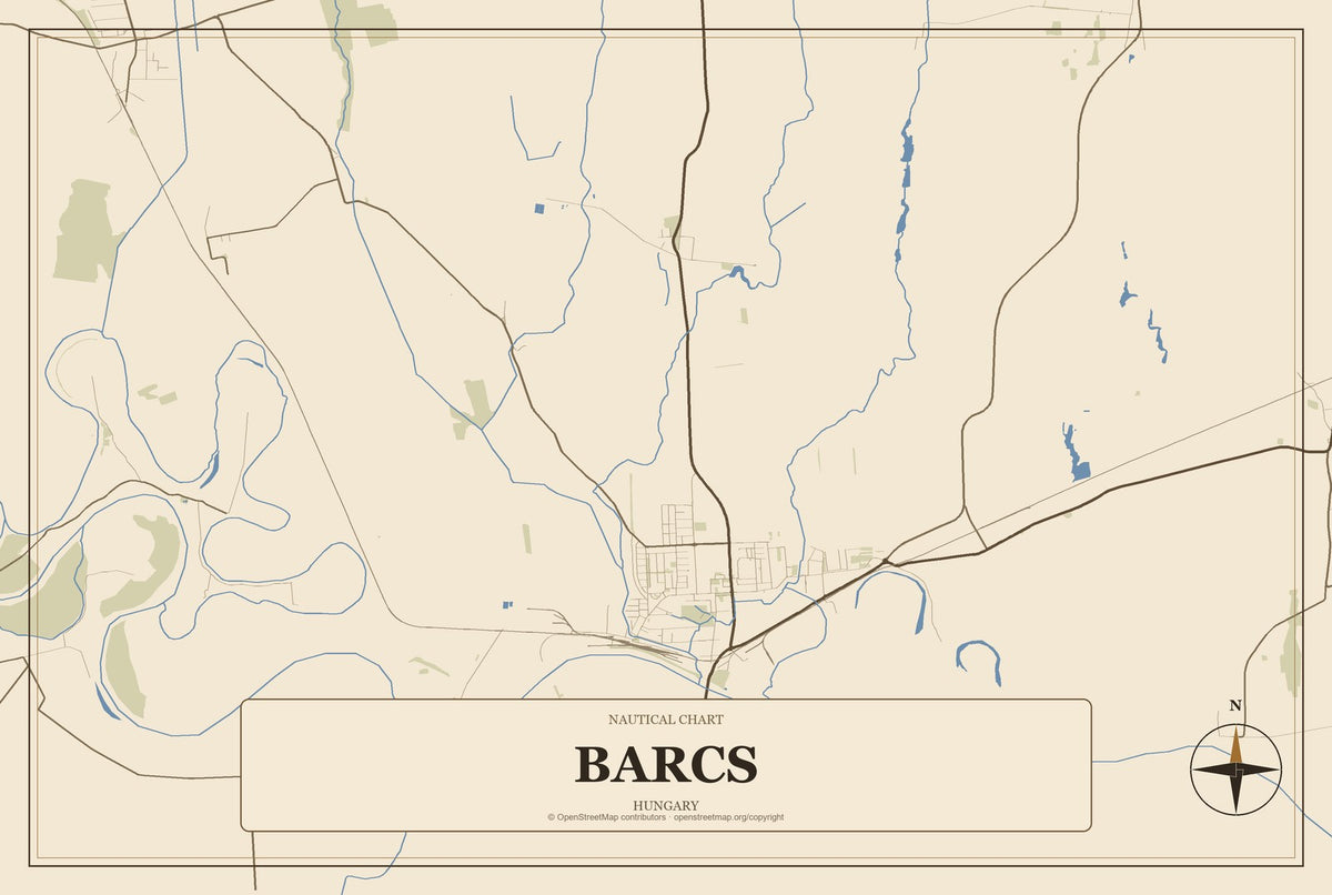 Barcs, Hungary City Map Aluminum Sign in Heritage Nautical style