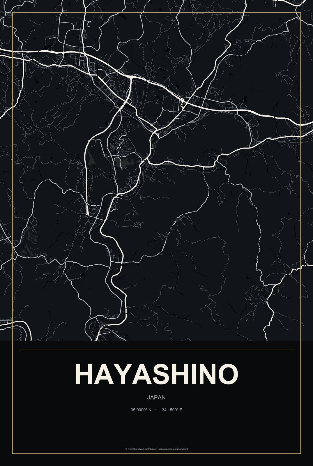 Hayashino, Japan City Map Aluminum Sign in Metropolitan Noir style