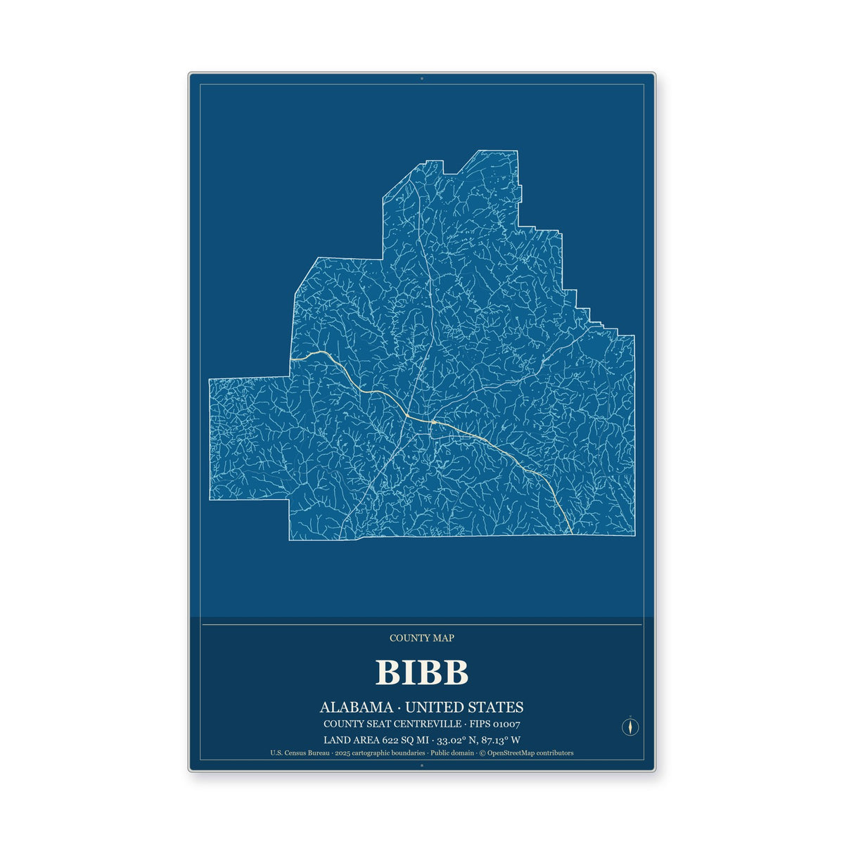 Bibb County, Alabama Map Aluminum Sign in Harbor Cobalt style
