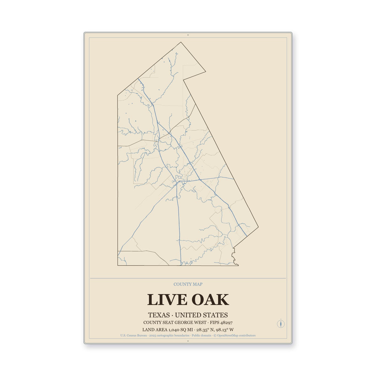 Live Oak County, Texas Map Aluminum Sign in Heritage Nautical style