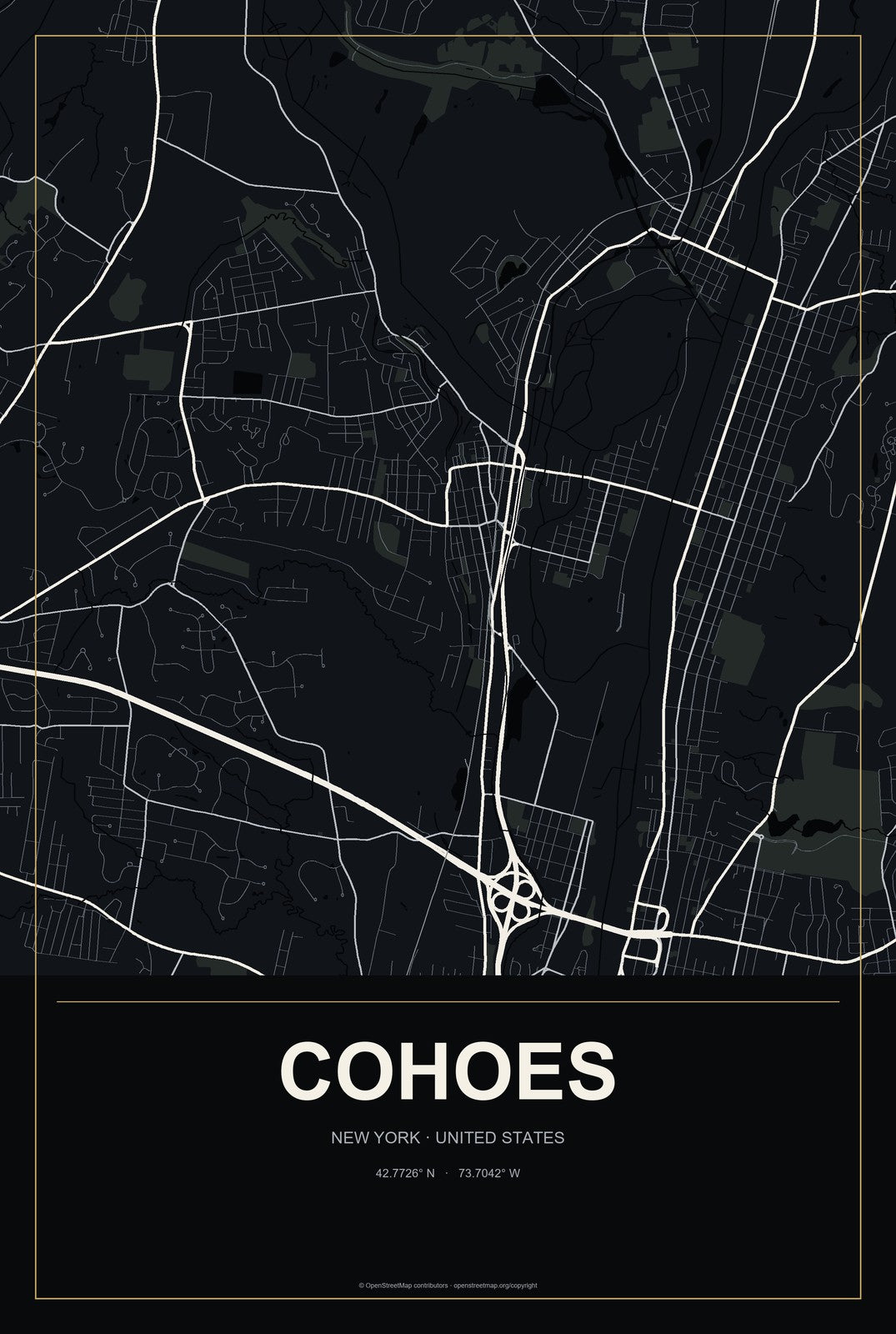 Cohoes, New York City Map Aluminum Sign in Metropolitan Noir style