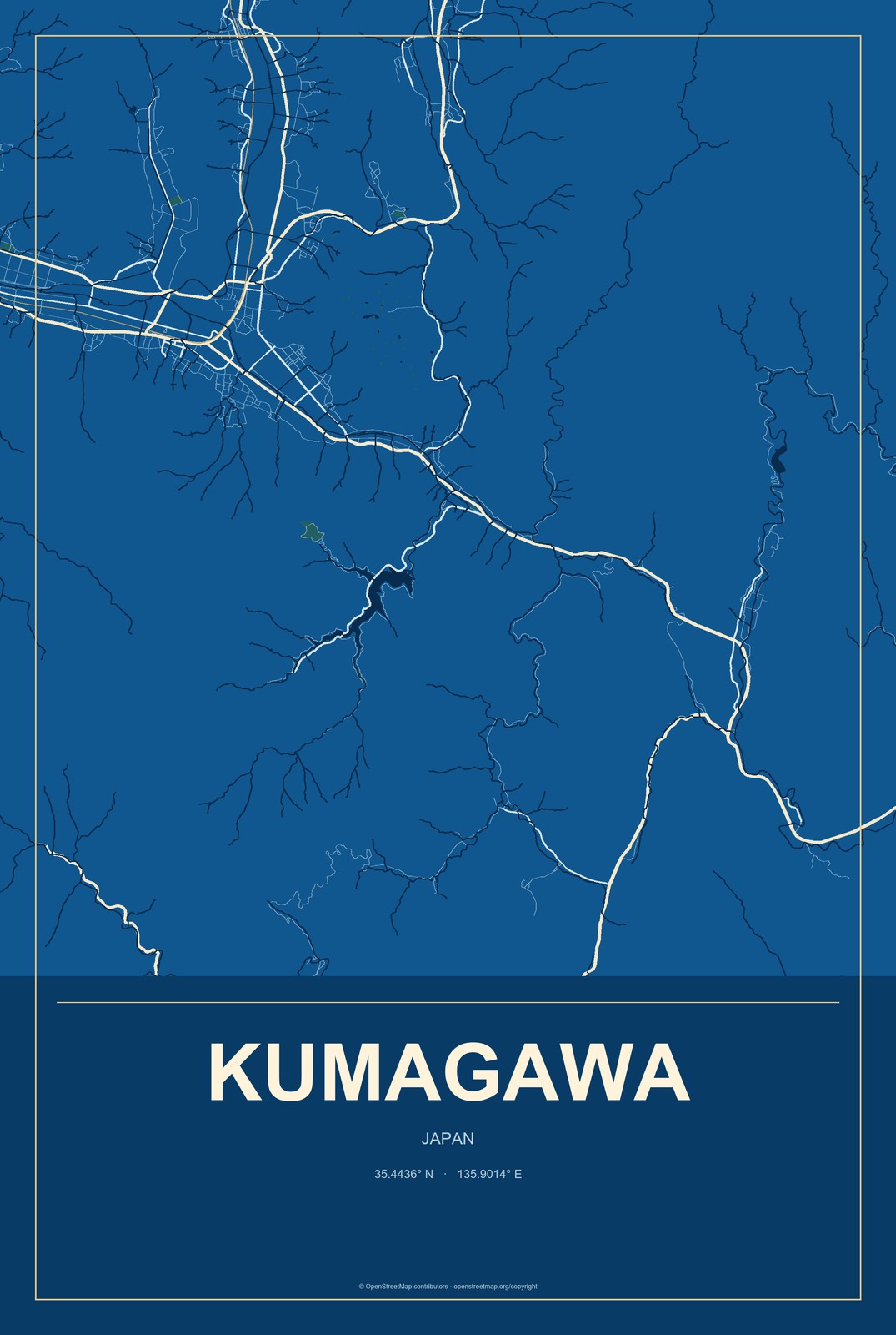 Kumagawa, Japan City Map Aluminum Sign in Harbor Cobalt style