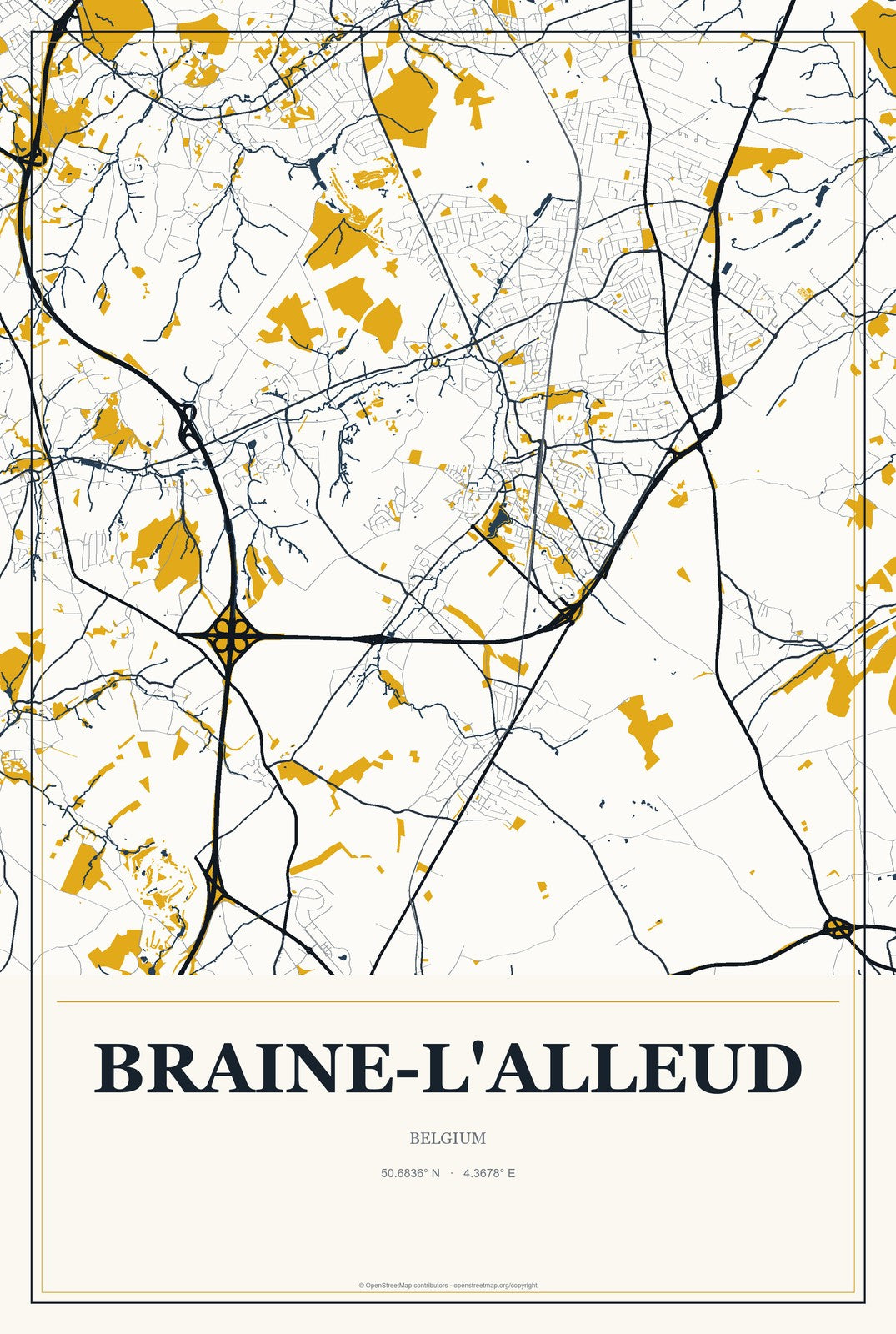 Braine-l'Alleud, Belgium City Map Aluminum Sign in Citrine Modern style